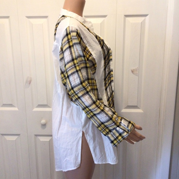 NWOT POL Womens Boho Yellow Plaid Crinkle Button Up Tunic Top Size Large - Picture 6 of 7
